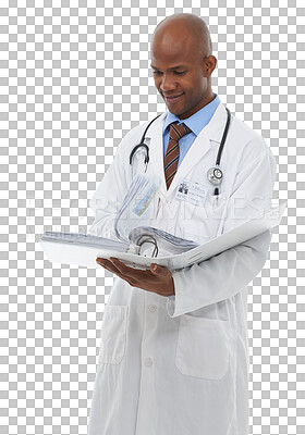 Buy stock photo Black man, doctor and paperwork for research, reading or information isolated on a transparent PNG background. African male person or healthcare professional checking documents or medical records