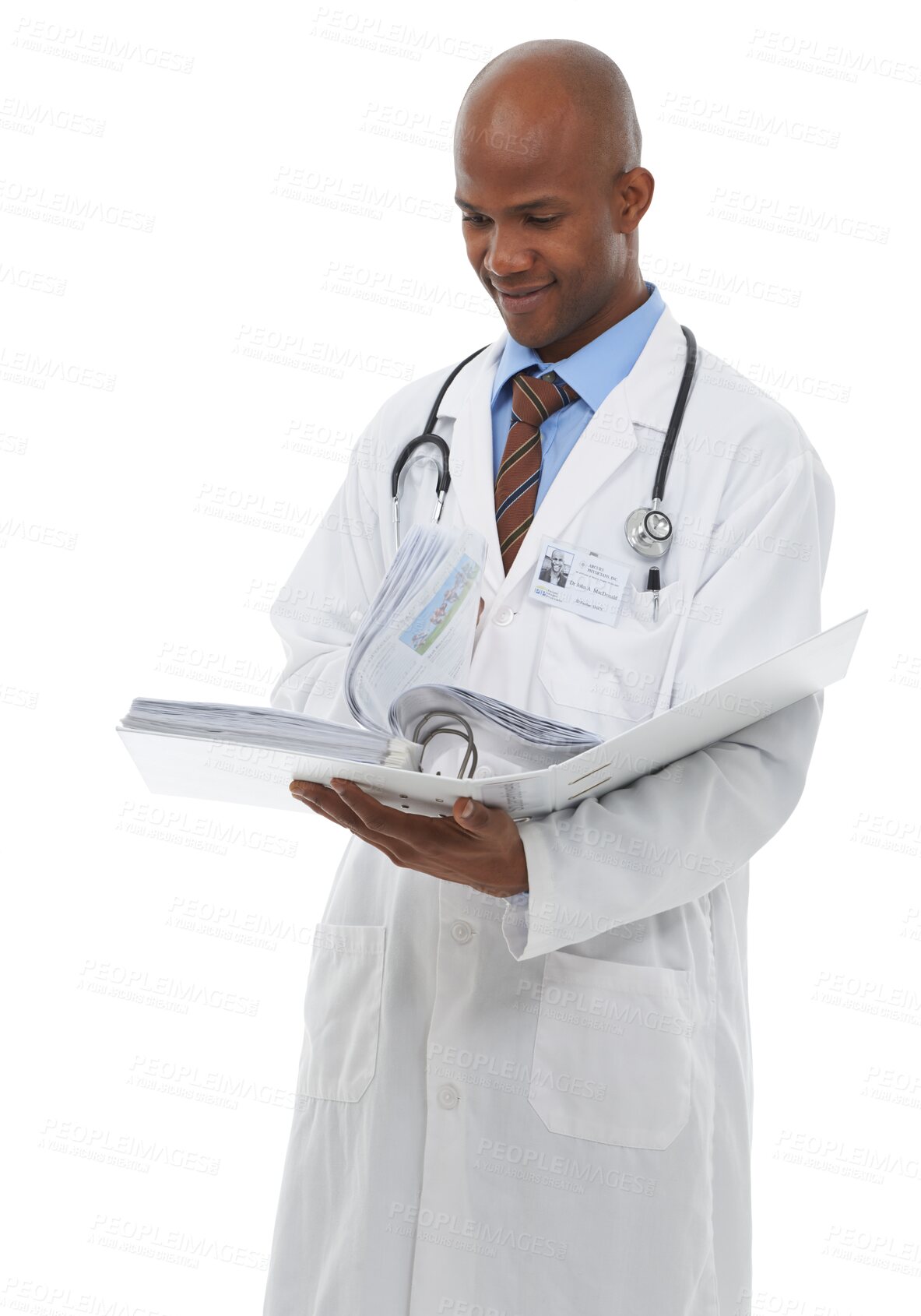 Buy stock photo Black man, doctor and paperwork for research, reading or information isolated on a transparent PNG background. African male person or healthcare professional checking documents or medical records