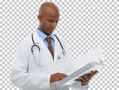 Buy stock photo Paperwork, medical and black man doctor doing research for diagnosis or treatment with career. Documents, healthcare and African male surgeon on the internet isolated by transparent png background.