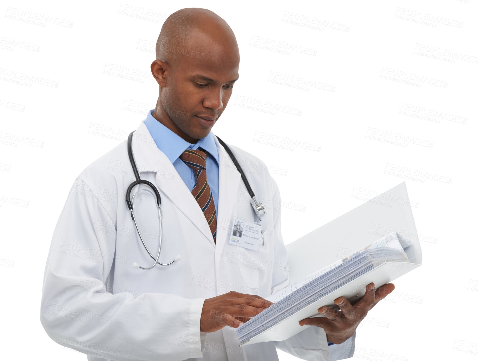 Buy stock photo Paperwork, medical and black man doctor doing research for diagnosis or treatment with career. Documents, healthcare and African male surgeon on the internet isolated by transparent png background.