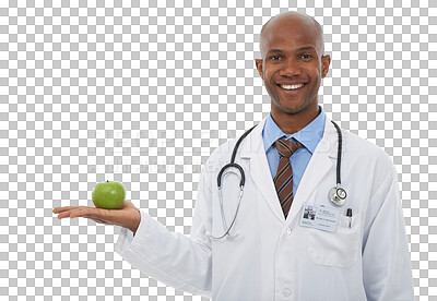 Buy stock photo Portrait, black man and doctor with apple, smile and employee isolated on transparent background. Face, African person and medical with professional, png and fruit with nutrition, healthy or wellness