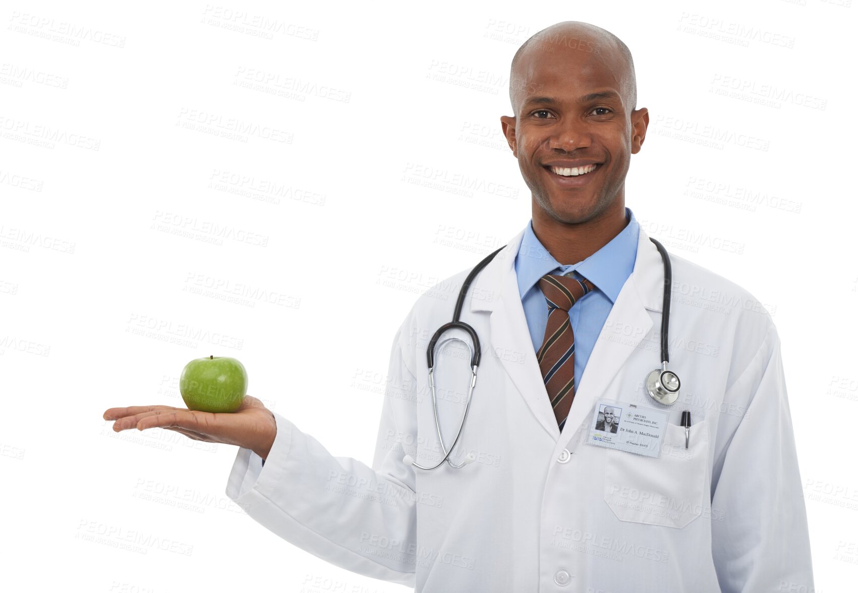 Buy stock photo Portrait, black man and doctor with apple, smile and employee isolated on transparent background. Face, African person and medical with professional, png and fruit with nutrition, healthy or wellness