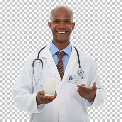 Buy stock photo African, doctor and portrait with holding milk in healthcare, nutrition and medic trust for wellness. Black specialist, smile and face with calcium drink and isolated on transparent png background