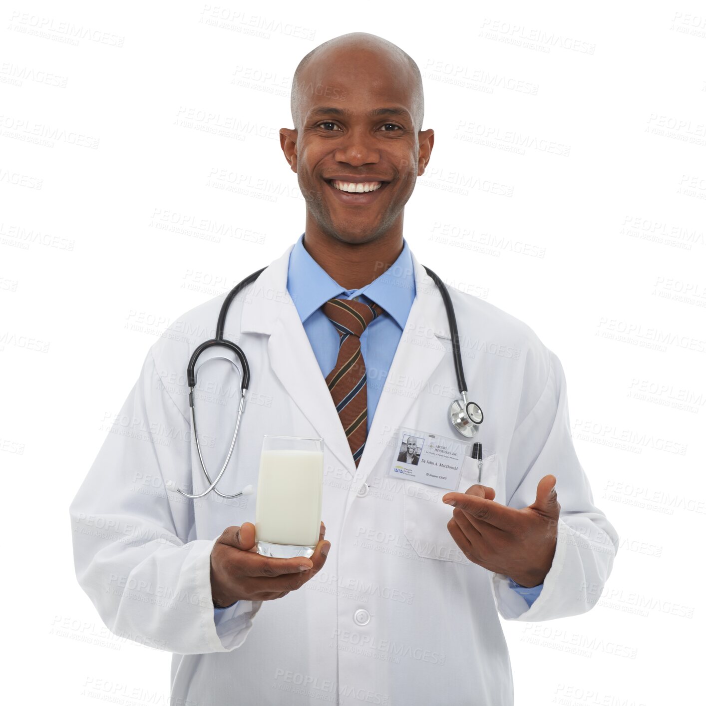 Buy stock photo African, doctor and portrait with holding milk in healthcare, nutrition and medic trust for wellness. Black specialist, smile and face with calcium drink and isolated on transparent png background