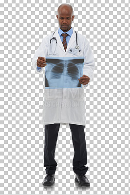 Buy stock photo Xray scan, surgeon and black man analysis of lung cancer risk, tuberculosis or MRI for medical investigation. Anatomy x ray results, hospital service or doctor isolated on transparent, png background