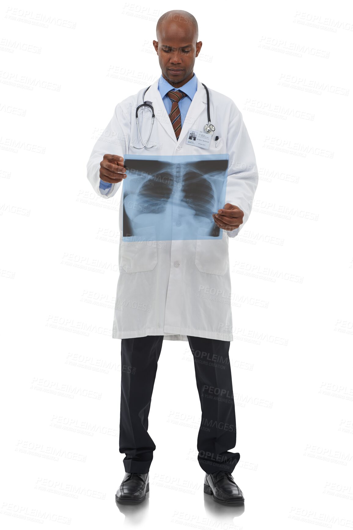 Buy stock photo Xray scan, surgeon and black man analysis of lung cancer risk, tuberculosis or MRI for medical investigation. Anatomy x ray results, hospital service or doctor isolated on transparent, png background