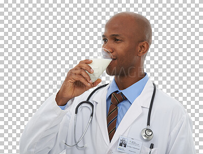 Buy stock photo Man, doctor and milk drink as professional recommendation dairy health, calcium or isolated on transparent png background. Black person, medical worker or stethoscope as advice, nutrition or beverage