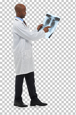 Buy stock photo Xray scan, hospital and black man, surgeon or doctor check lung cancer risk, tuberculosis or medical MRI assessment. Disease, expert and review anatomy results isolated on transparent, png background