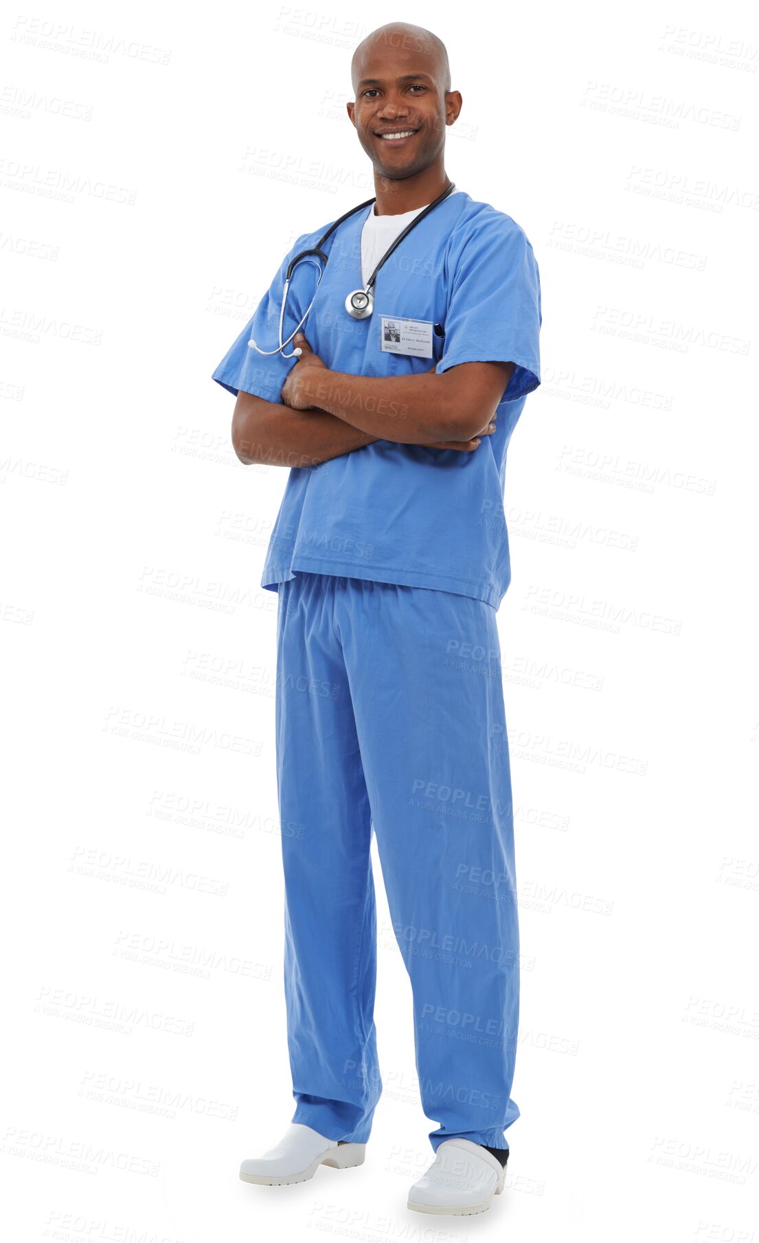 Buy stock photo Happy black man, portrait and professional doctor in confidence isolated on a transparent PNG background. African male person, surgeon or medical expert smile in healthcare for health advice or help