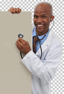 Buy stock photo Doctor, portrait and stethoscope on poster or mockup information advice, exam review or isolated on transparent png background. Black person, face as medical health trust offer, evaluation or service