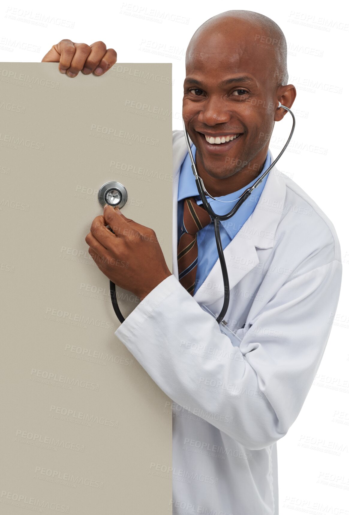 Buy stock photo Doctor, portrait and stethoscope on poster or mockup information advice, exam review or isolated on transparent png background. Black person, face as medical health trust offer, evaluation or service