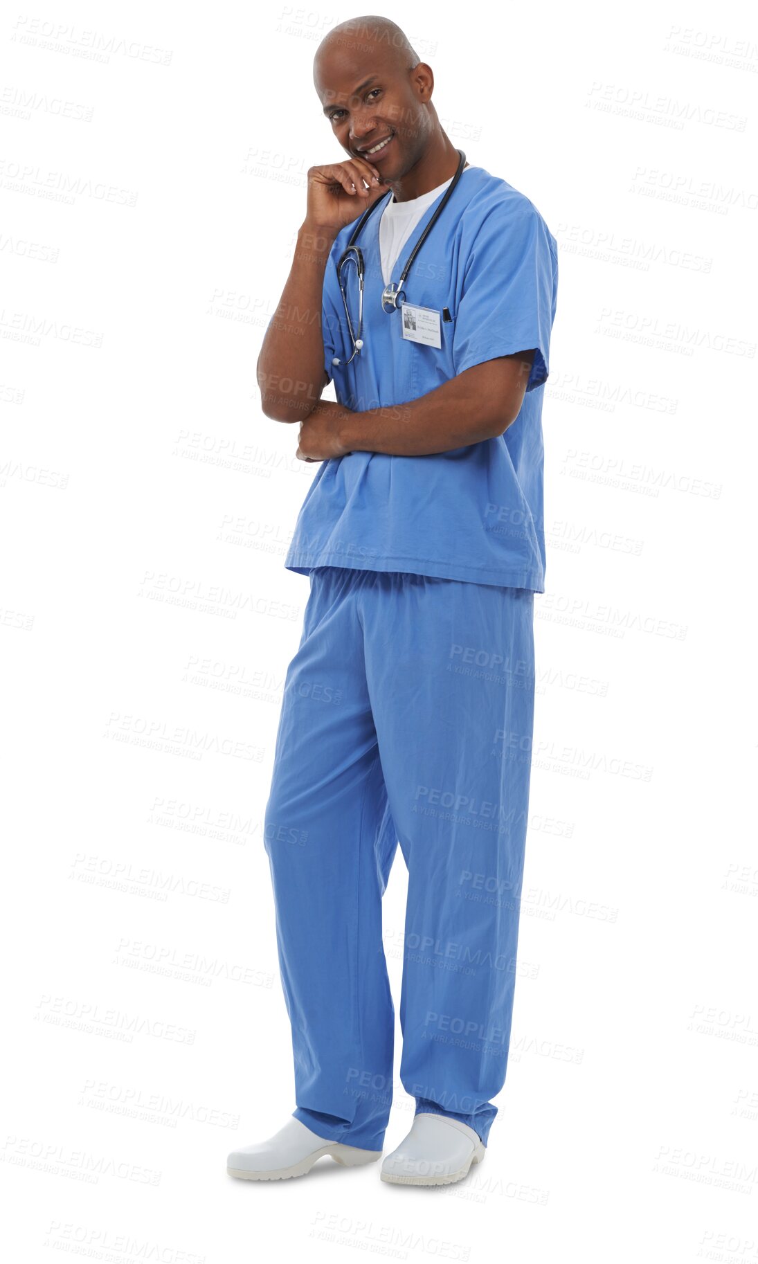 Buy stock photo Isolated African man, surgeon and portrait with smile for career in healthcare by transparent png background. Medic, doctor and person with wellness services, happy and uniform for job at hospital