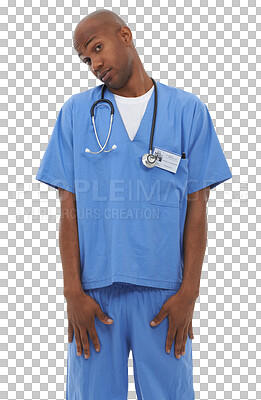 Buy stock photo Man, doctor and stethoscope or face surprise or question medical advice, expression or interesting. Black person, professional hospital worker and isolated on transparent png, background or thinking