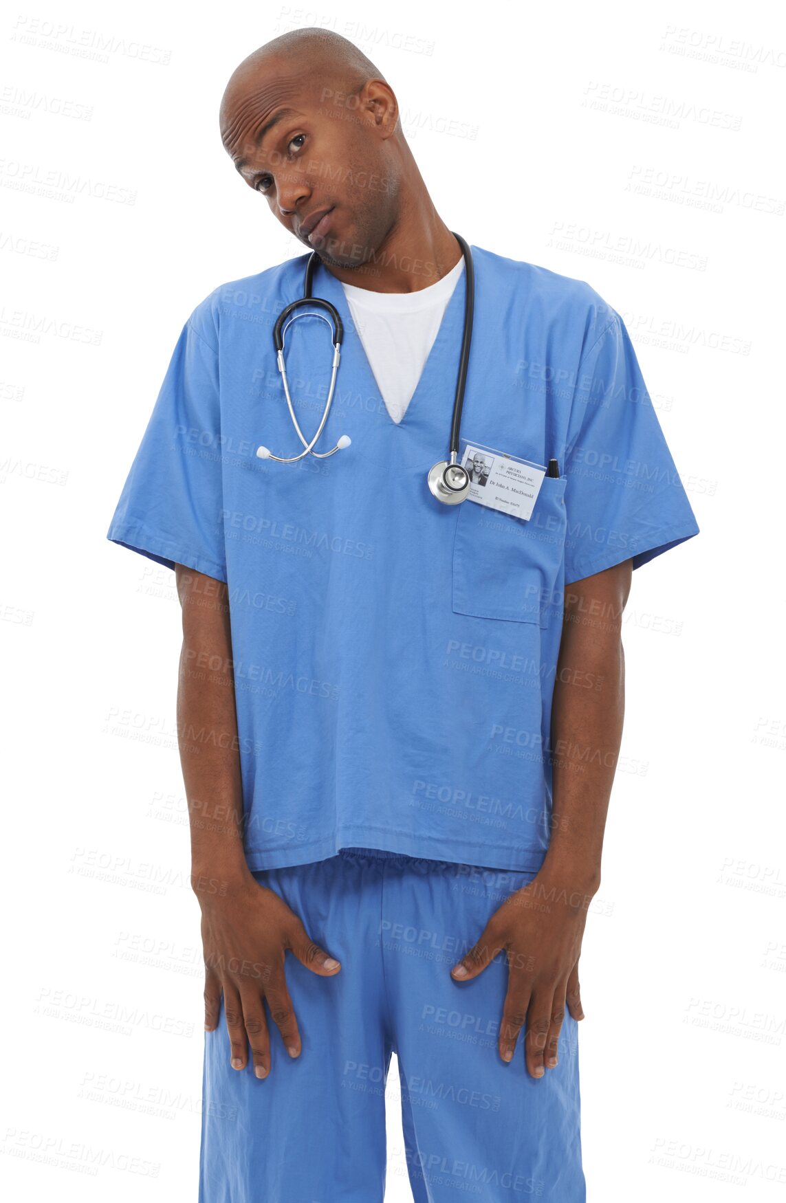 Buy stock photo Man, doctor and stethoscope or face surprise or question medical advice, expression or interesting. Black person, professional hospital worker and isolated on transparent png, background or thinking