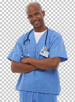 Buy stock photo Isolated doctor man, arms crossed and portrait with smile for health by transparent png background. Medic, African person and happy with pride in healthcare services, wellness and career at hospital