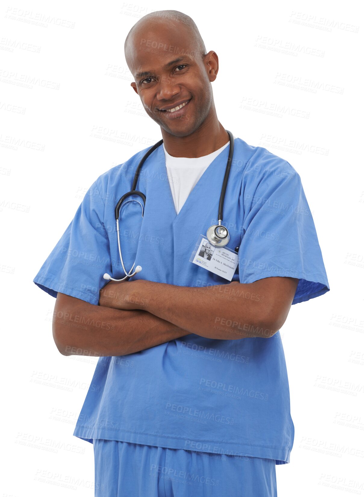 Buy stock photo Isolated doctor man, arms crossed and portrait with smile for health by transparent png background. Medic, African person and happy with pride in healthcare services, wellness and career at hospital