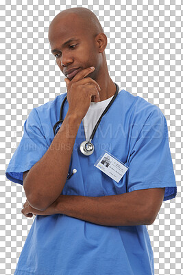 Buy stock photo Man, nurse and thinking on healthcare, medical service and brainstorming for medicine, trust and idea. Black male person, cardiology and health consultant or isolated on transparent png background