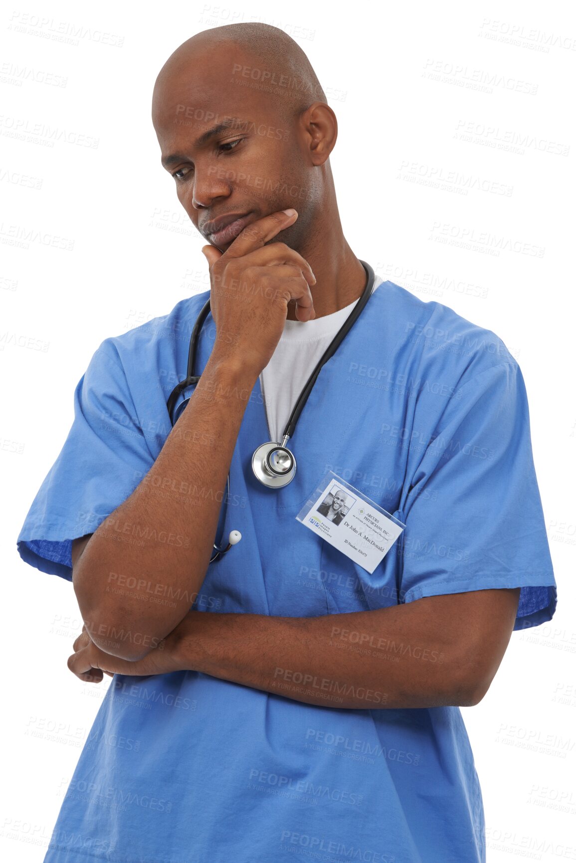 Buy stock photo Man, nurse and thinking on healthcare, medical service and brainstorming for medicine, trust and idea. Black male person, cardiology and health consultant or isolated on transparent png background