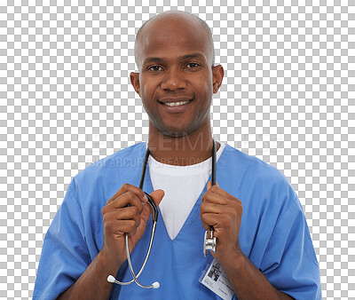 Buy stock photo Happy black man, portrait and doctor, stethoscope or healthcare isolated on a transparent PNG background. Face of African male person, nurse or medical professional smile for health advice or help