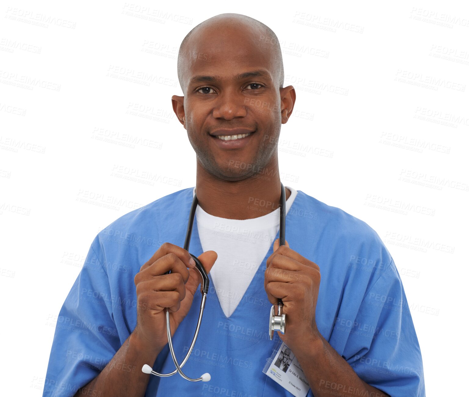 Buy stock photo Happy black man, portrait and doctor, stethoscope or healthcare isolated on a transparent PNG background. Face of African male person, nurse or medical professional smile for health advice or help