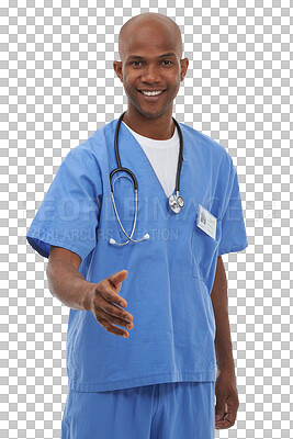 Buy stock photo Happy black man, portrait and handshake for meeting or greeting isolated on a transparent PNG background. African male person, nurse or medical employee shaking hands for deal or healthcare agreement