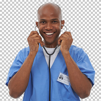 Buy stock photo Happy black man, portrait and doctor with stethoscope for checkup isolated on a transparent PNG background. Face of African male person, nurse or medical cardiologist listening in health and wellness