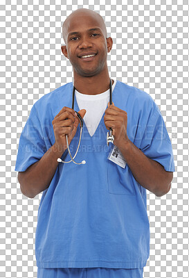 Buy stock photo Happy black man, portrait and doctor with stethoscope in healthcare isolated on a transparent PNG background. Face of African male person, nurse or medical employee for advice on health and wellness