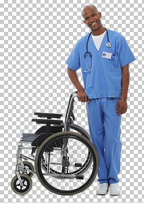 Buy stock photo Black man, portrait and nurse, wheelchair in support, assistance or help isolated on a transparent PNG background. Happy African male or medical caregiver with transport for person with a disability