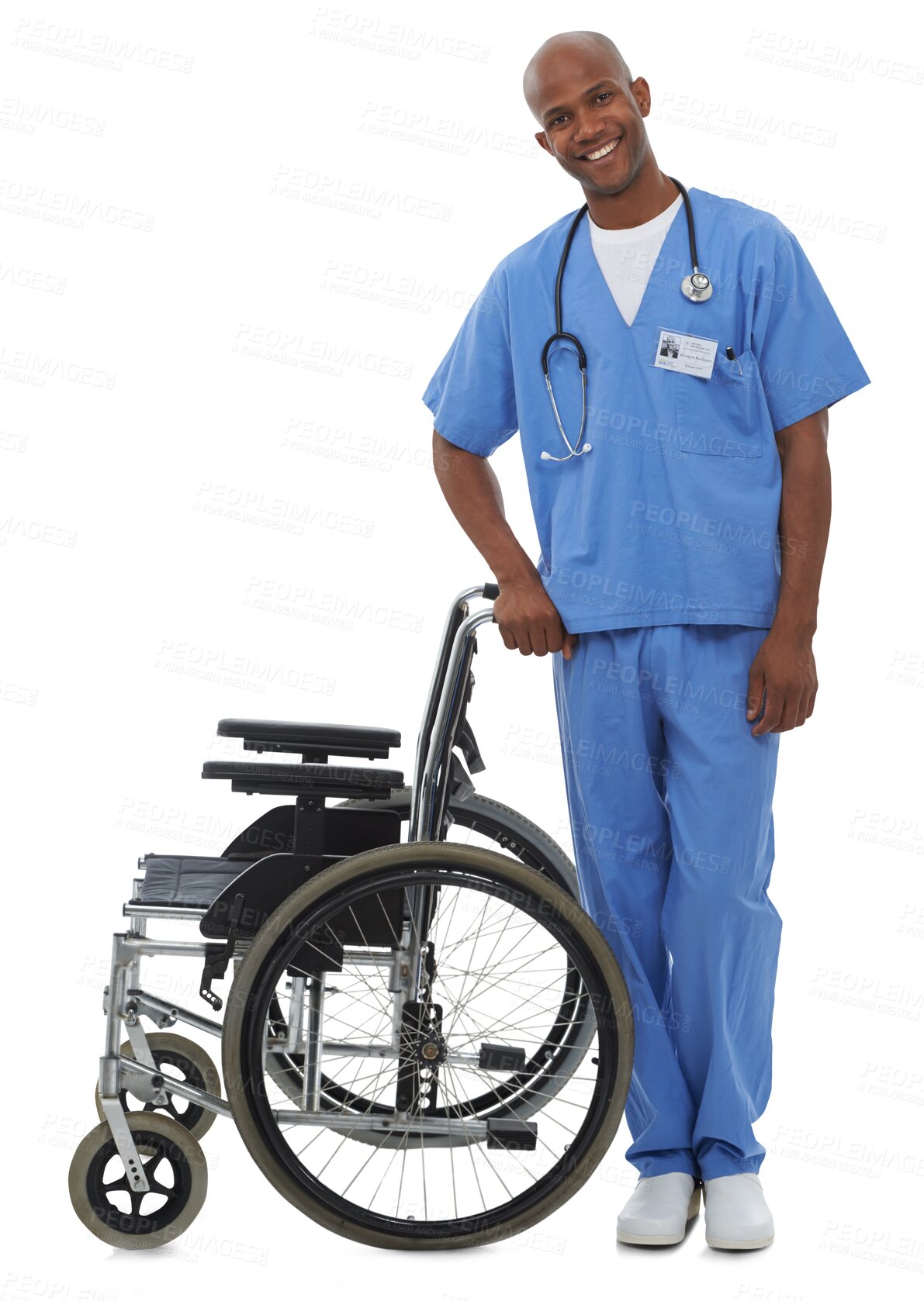 Buy stock photo Black man, portrait and nurse, wheelchair in support, assistance or help isolated on a transparent PNG background. Happy African male or medical caregiver with transport for person with a disability