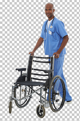 Buy stock photo Black man, portrait and nurse with wheelchair for healthcare, assistance or help isolated on a transparent PNG background. Happy African male person or medical caregiver with transport for disability