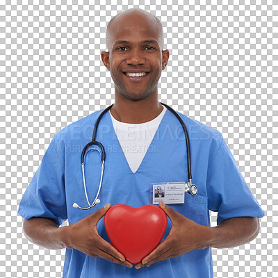 Buy stock photo Happy black man, portrait and doctor for heart, health and wellness isolated on a transparent PNG background. Face of African male person, nurse or medical cardiology with love emoji, shape or icon