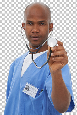 Buy stock photo Man, doctor and portrait or stethoscope listen for medical advice, cardiology or isolated on transparent png background. Black person, health equipment and face for wellness, heart exam as lung care