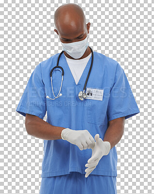 Buy stock photo Man, doctor and professional gloves or exam protection from virus, disease or infection. Black person, surgical safety as healthcare or isolated on transparent png background for sample, help or test