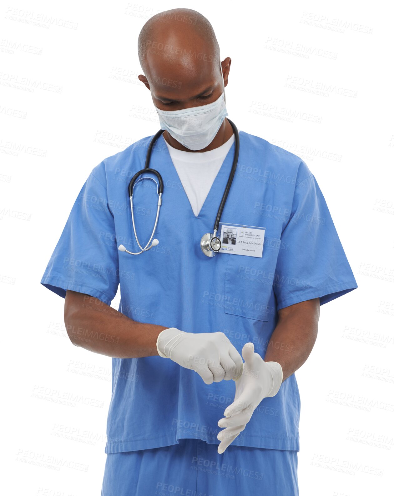 Buy stock photo Man, doctor and professional gloves or exam protection from virus, disease or infection. Black person, surgical safety as healthcare or isolated on transparent png background for sample, help or test