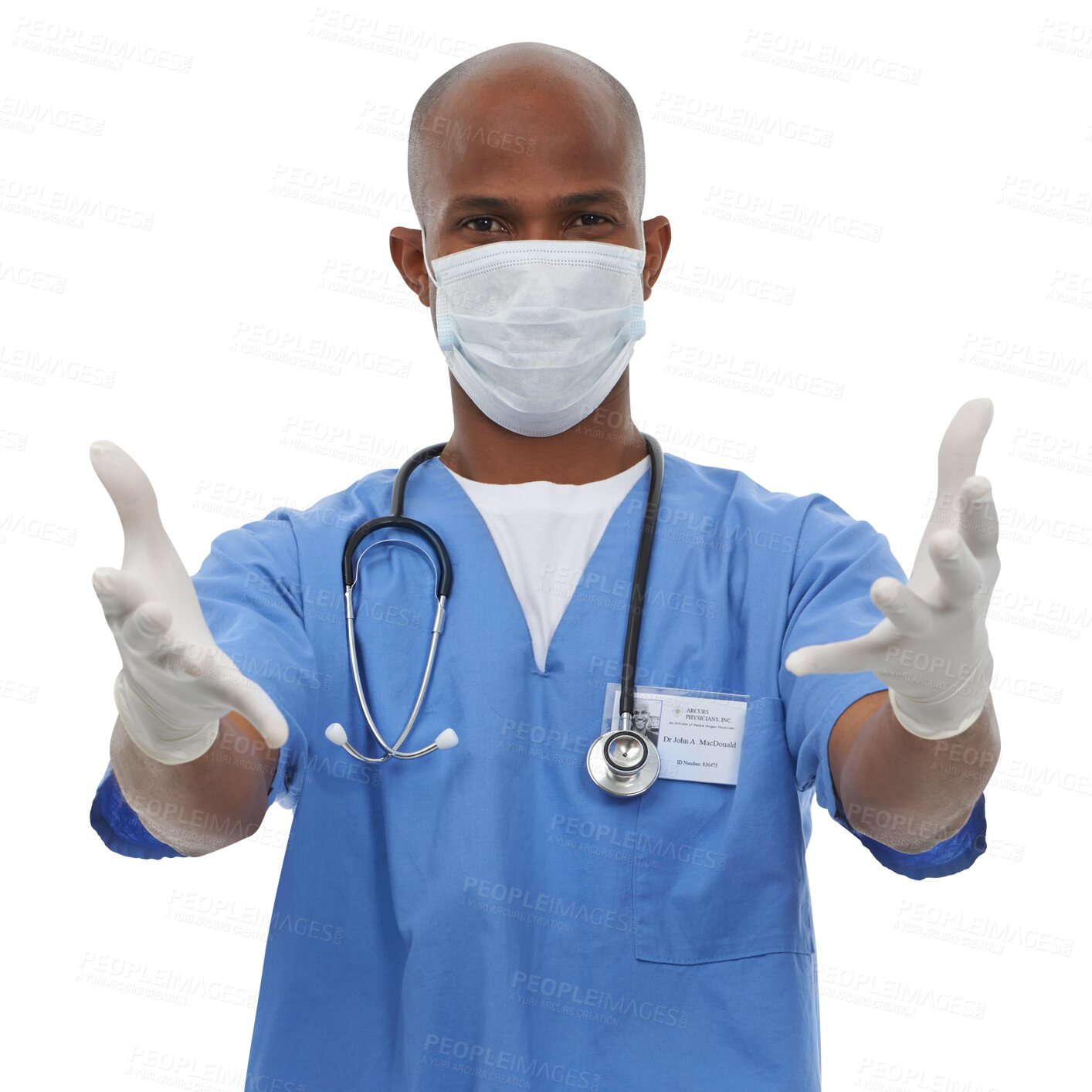 Buy stock photo Isolated doctor, African man and mask with gloves, hands and open for helping by transparent png background. Medic person, ppe and safety in portrait for wellness, healthcare and career in hospital