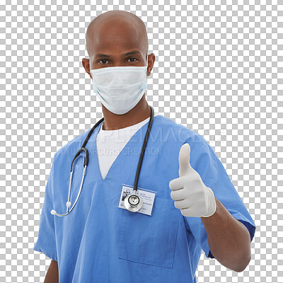 Buy stock photo Black man, portrait and doctor with thumbs up, mask and gloves isolated on a transparent PNG background. African male person, nurse or medical professional with like emoji, yes sign or health success