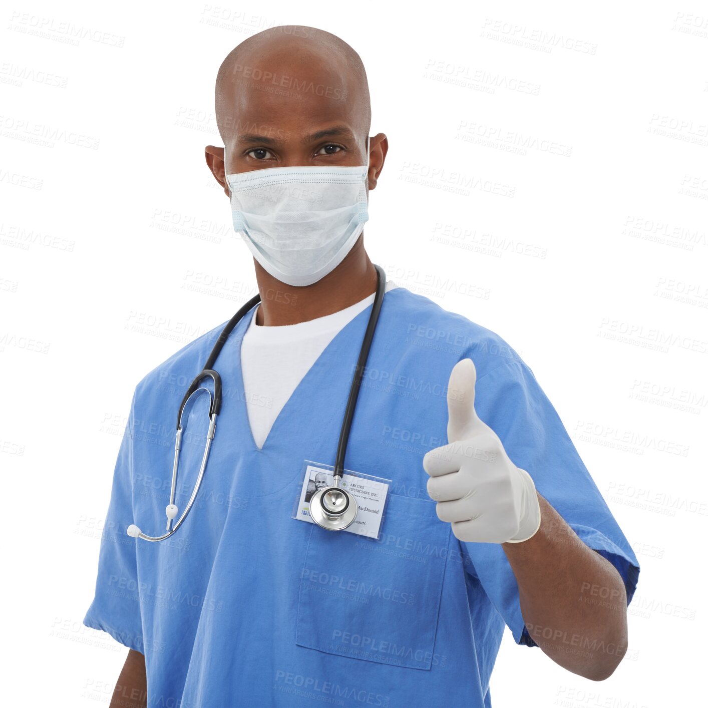 Buy stock photo Black man, portrait and doctor with thumbs up, mask and gloves isolated on a transparent PNG background. African male person, nurse or medical professional with like emoji, yes sign or health success