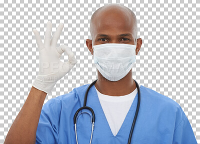 Buy stock photo Black man, portrait and doctor with OK sign, mask and gloves isolated on a transparent PNG background. African male person, nurse or medical professional with like emoji, yes sign or health success