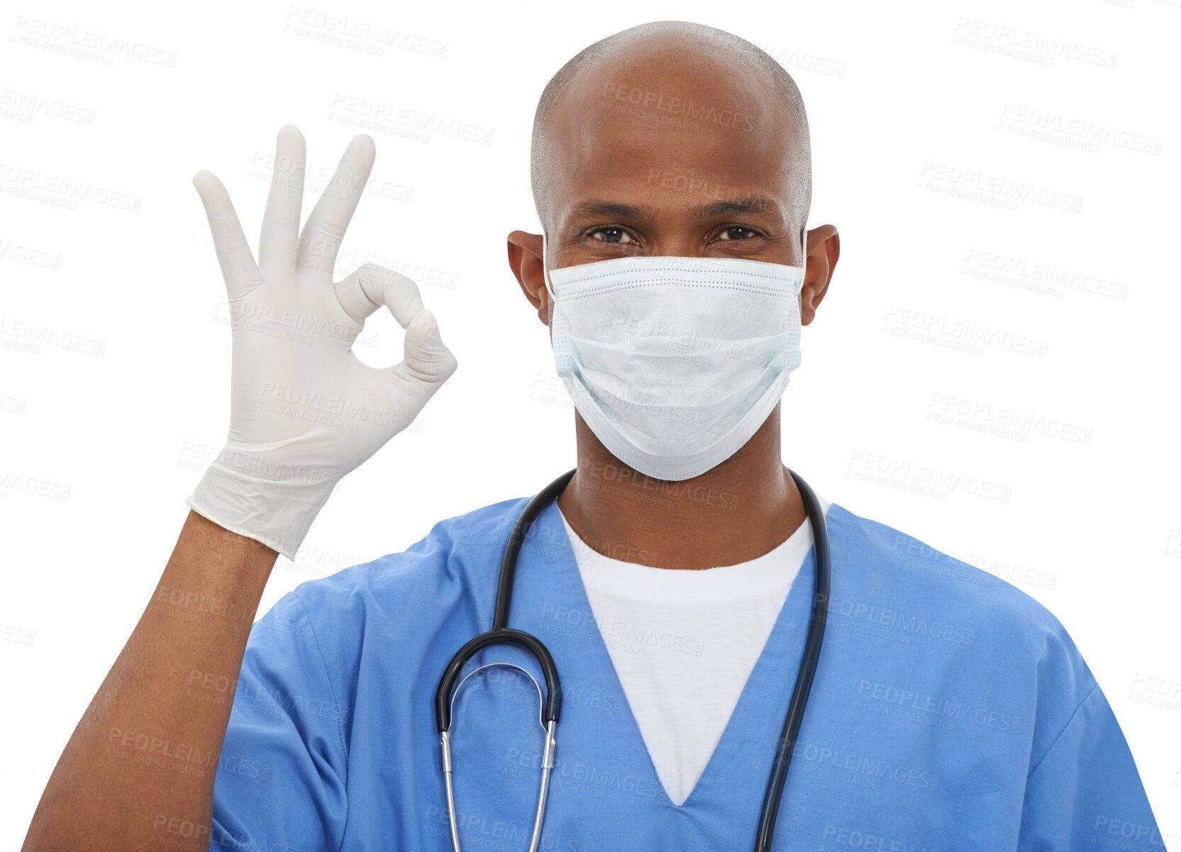 Buy stock photo Black man, portrait and doctor with OK sign, mask and gloves isolated on a transparent PNG background. African male person, nurse or medical professional with like emoji, yes sign or health success