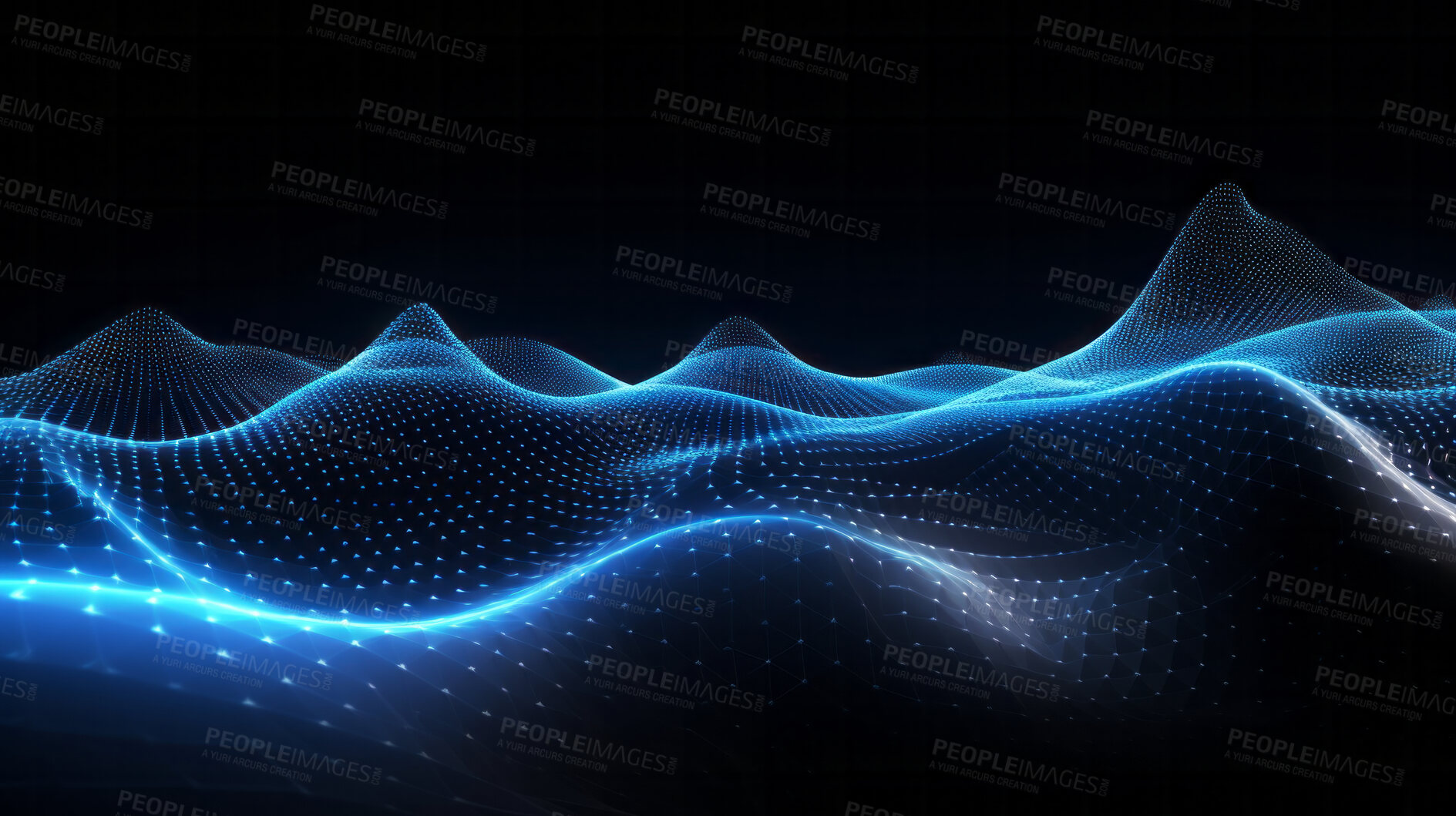 Buy stock photo Wave grid abstract graphics. Blue digital mesh, or sound wave, on a black background