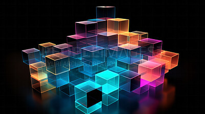 Squares and neon lines and glowing background. Futuristic illustration abstract 3d design