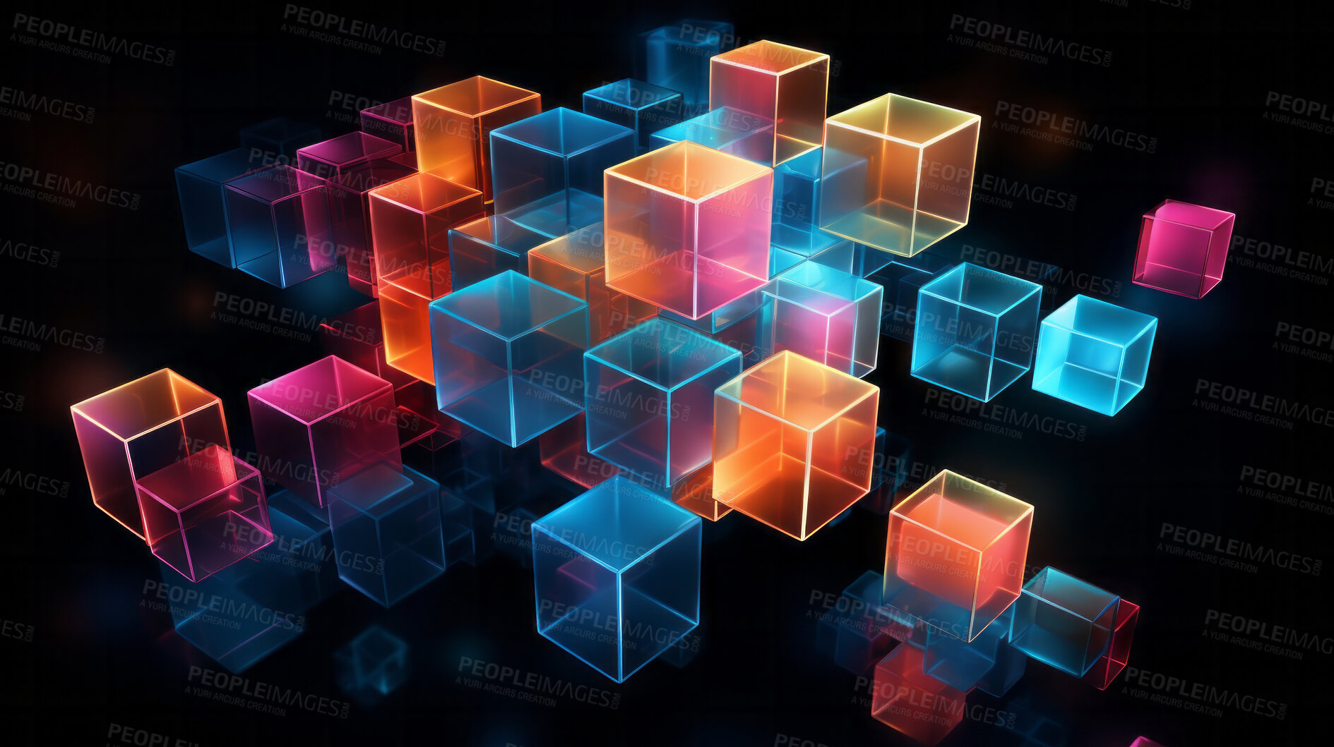 Buy stock photo Squares and neon lines and glowing background. Futuristic illustration abstract 3d design