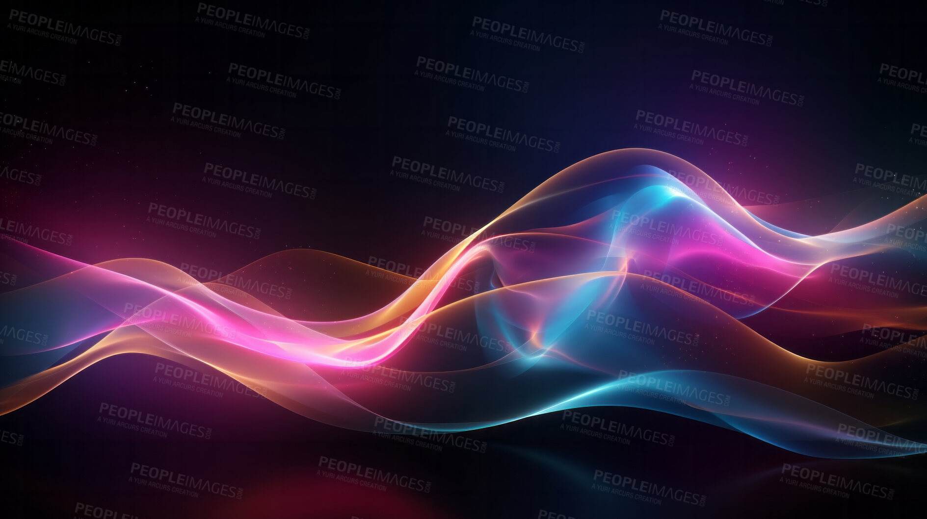 Buy stock photo Abstract graphics. Colorful neon digital curves, or sound wave, on a black background