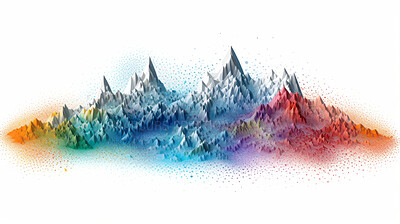 Colorful digital facet or particles, in the shape of sound waves or mountain, on white background