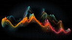 Colorful digital facet or particles, in the shape of sound waves or mountain, on black background