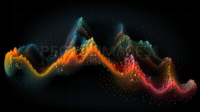 Colorful digital facet or particles, in the shape of sound waves or mountain, on black background