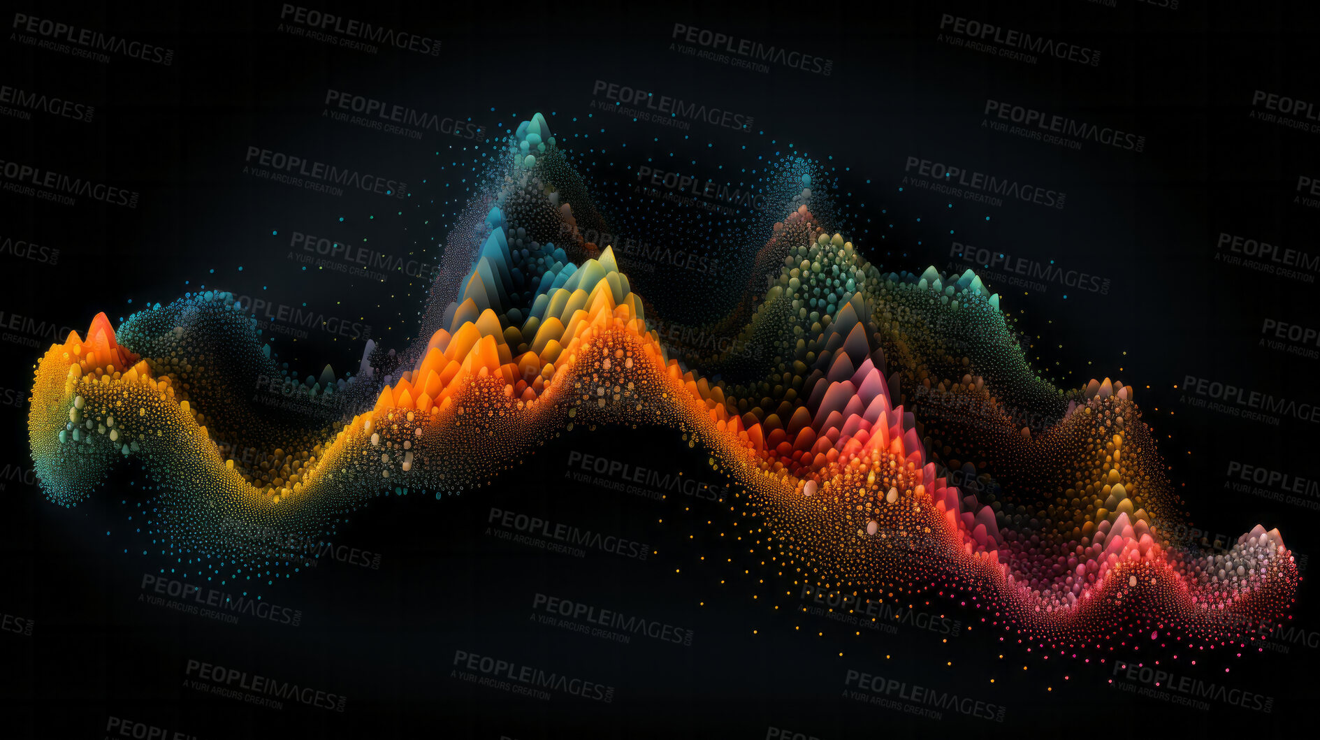 Buy stock photo Colorful digital facet or particles, in the shape of sound waves or mountain, on black background