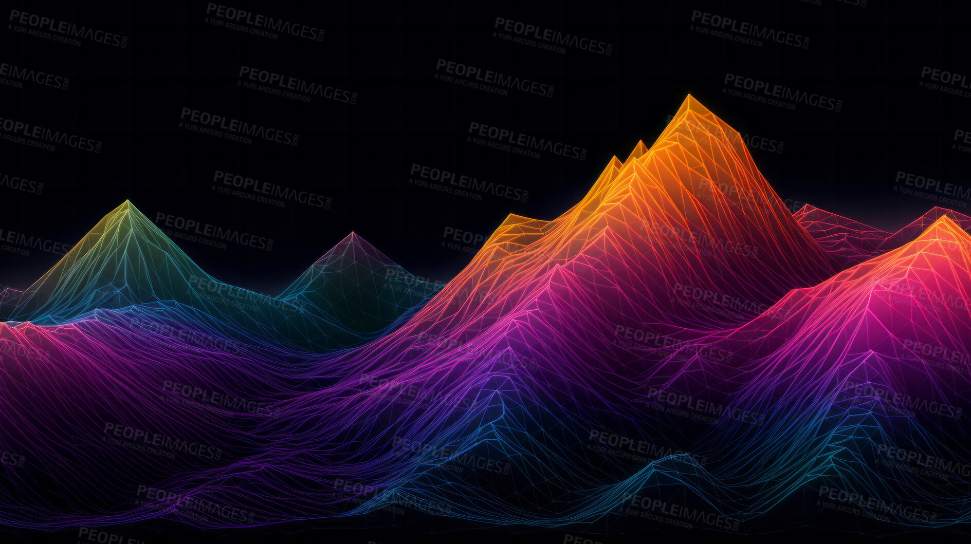Buy stock photo Colorful digital facet design in the shape of sound waves or mountain on black background