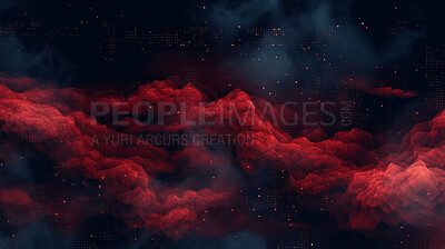Red digital waves of clouds or smoke, in the shape of sound waves on a black background