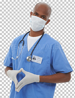 Buy stock photo Black, doctor or portrait in mask with gloves, medical trust or healthcare worker for patient wellness. African specialist, safety help and face of surgeon and isolated on transparent png background